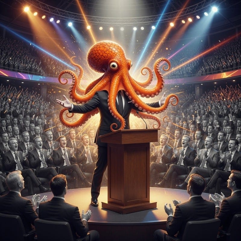 The orange octopus addressing a packed arena crowd from a podium under stage lights.