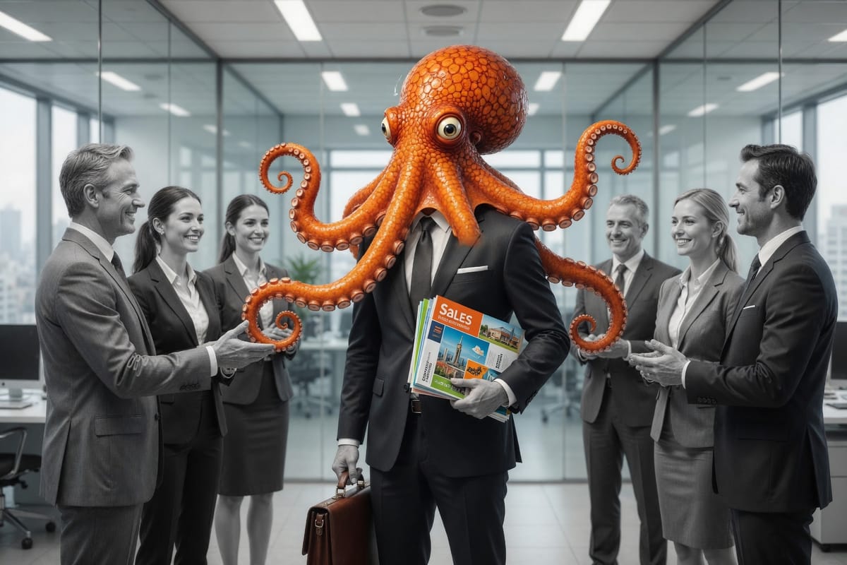 The orange octopus with a briefcase and sales brochures, welcomed by a smiling office team.