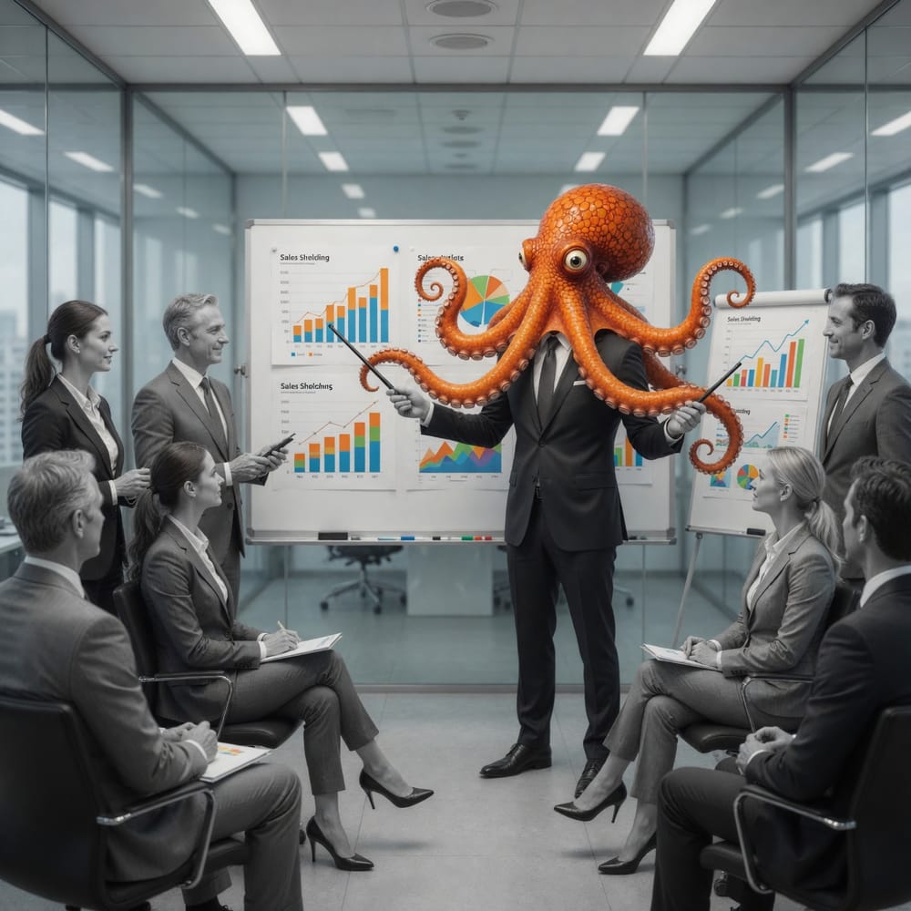 The orange octopus pointing at sales charts on a whiteboard while a team listens.